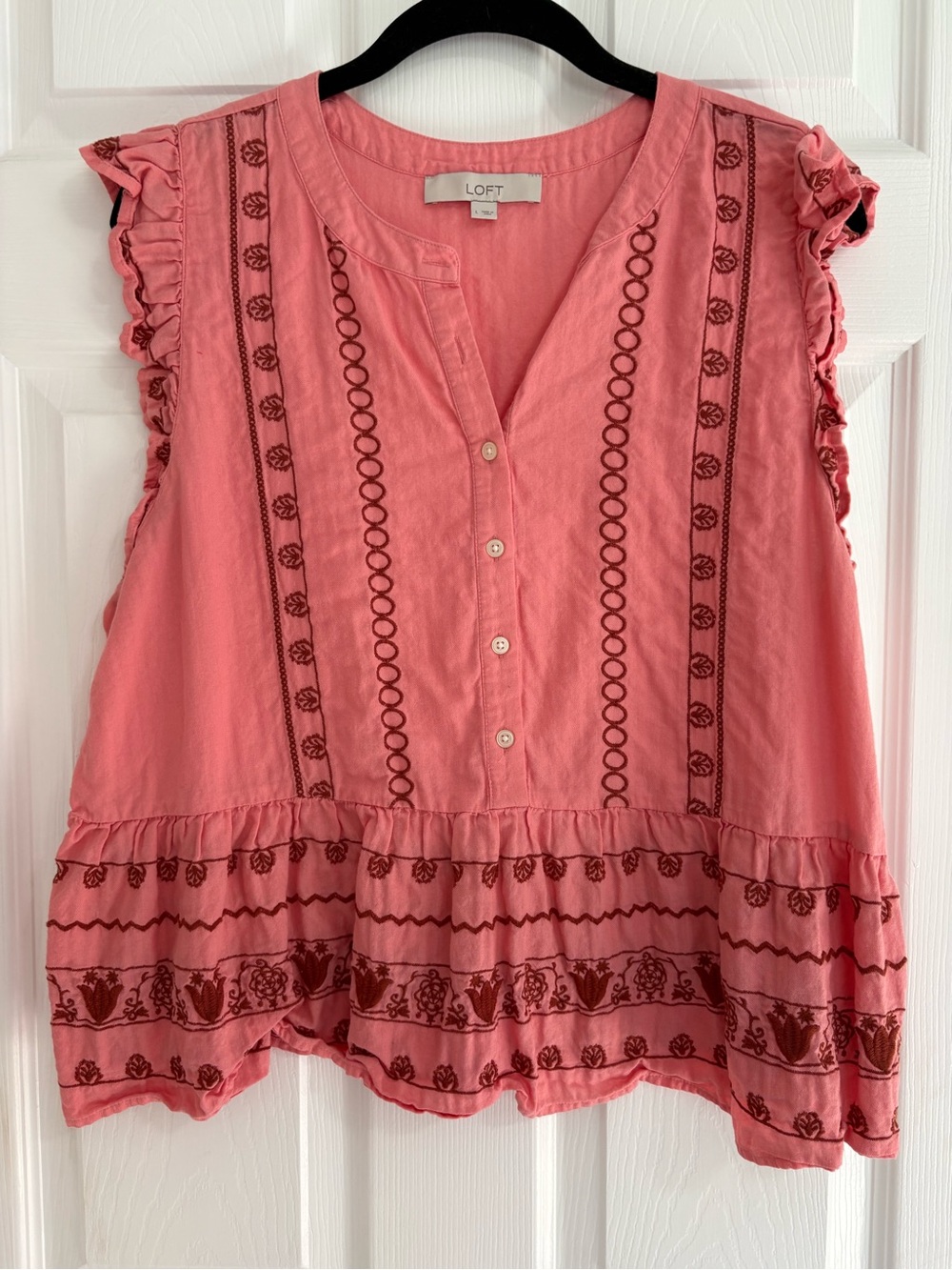 LOFT Coral Pink Embroidered Ruffle Sleeve Blouse